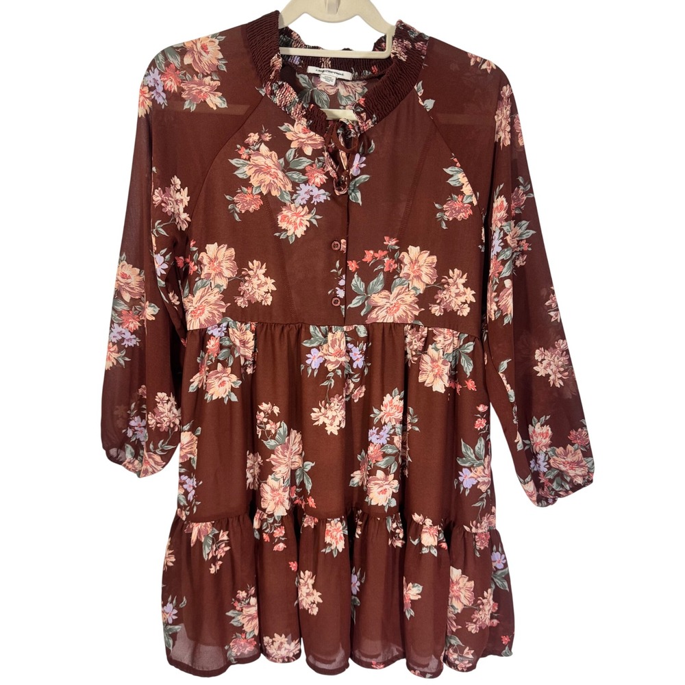 American Eagle Women Floral Long Sleeve Brown Dress‎ Tiered Mini Boho Italy Sz S